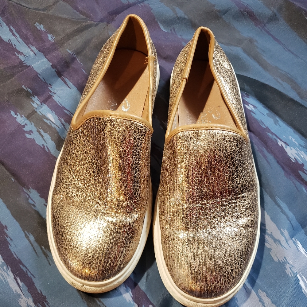 Womens US 7 • gold slip on shoes